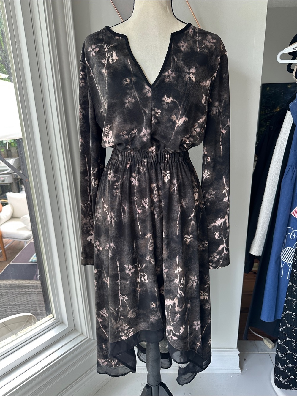 SimplyVera VERA WANG Black Floral Long Sleeve Midi High Low Hem Dress Size Large